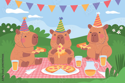 Flat Capybara Birthday Party Illustration