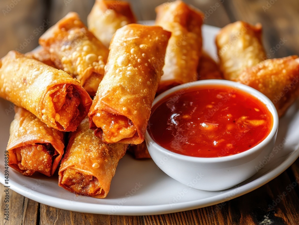 Delicious Crispy Spring Rolls on a White Plate with Sweet Chili Sauce for Dipping on a Rustic Wooden Table Background Delicious Crispy Spring Rolls on a White Plate with Sweet Chili Sauce for Dipping on a Rustic Wooden Table Background