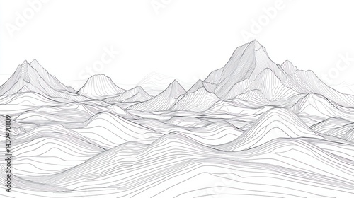 A fine line drawing of a mountain range with clean lines