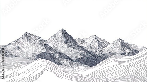 A fine line drawing of a mountain range with clean lines