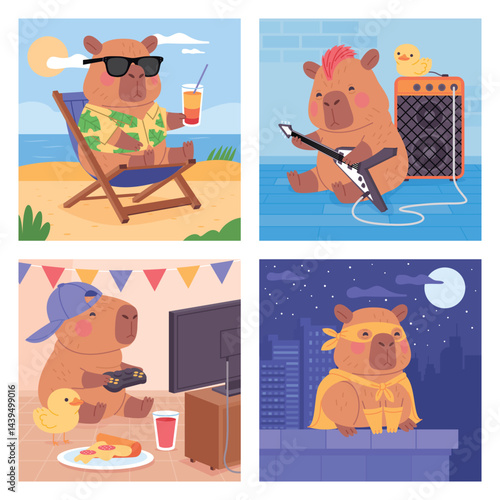 Cute Flat Capybara Activities Collection