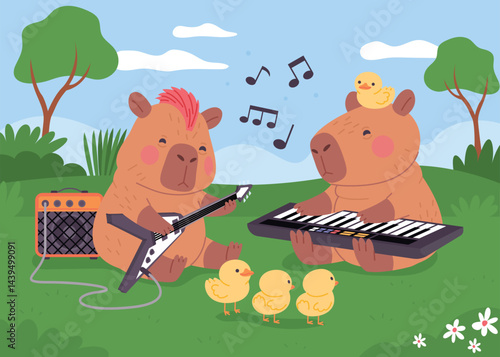 Flat Capybara Playing Music Composition