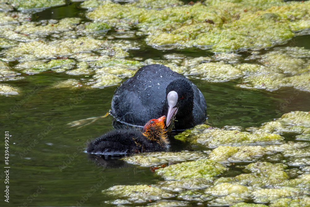 Blässhuhn (Fulica atra) mit Kücken schwimmt in einem Weiher mit Entengrütze