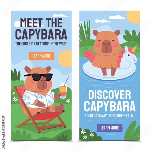 Flat Capybara Vertical Banner Set