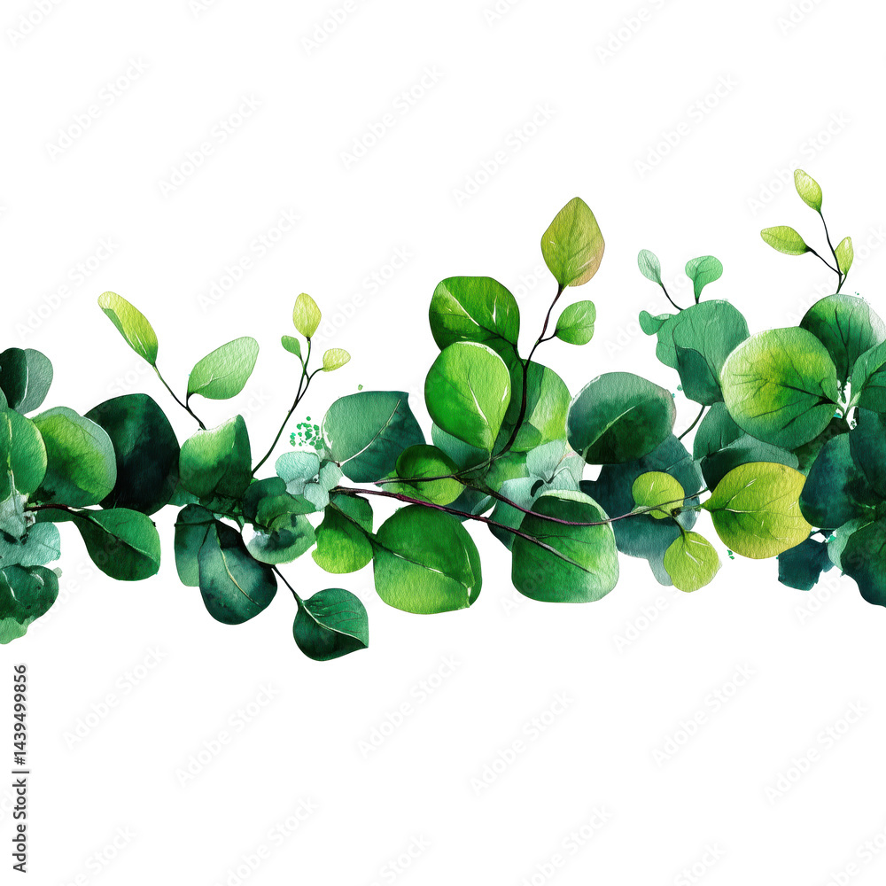 Obraz premium Delicate Watercolor Eucalyptus Branches - A Lush Floral Border for Design , isolated on white background PNG cut out