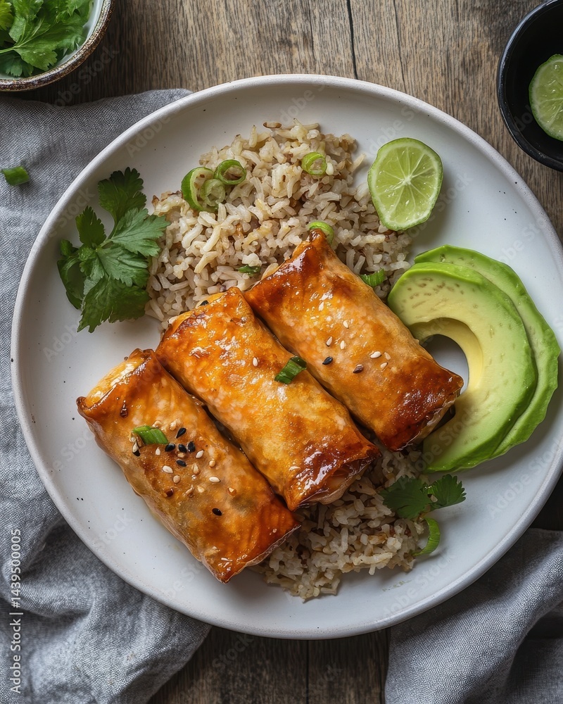Delicious crispy spring rolls served on fluffy rice, garnished with fresh herbs, lime, and avocado slices for a vibrant culinary experience Delicious crispy spring rolls served on fluffy rice, garnished with fresh herbs, lime, and avocado slices for a vibrant culinary experience