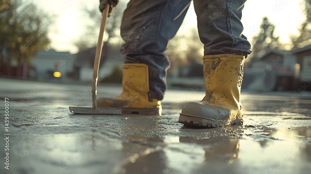 Construction Worker in Yellow Boots Smoothing Concrete Construction Worker in Yellow Boots Smoothing Concrete