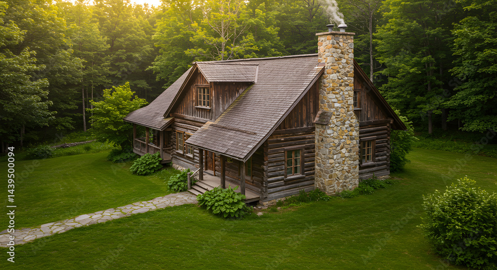 Fototapeta premium Secluded Log Cabin Nestled Among Trees Offers a Tranquil Retreat