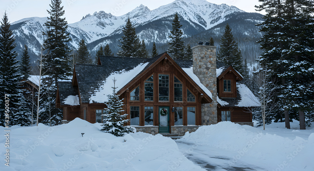 Naklejka premium Serene Winter Retreat Stunning Cabin Nestled Among Snow Capped Mountains