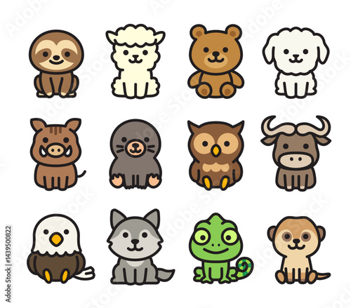Vector illustration of several animals in simple and cute style such as puppy, sloth, alpaca etc.