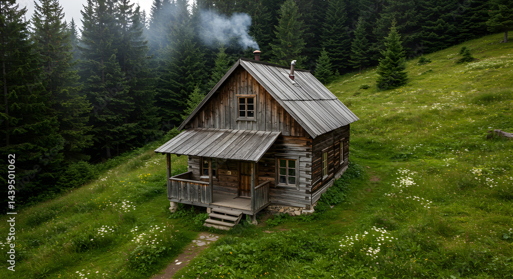 Rustic Wooden Cabin Nestled Among Verdant Trees In Tranquil Mountain Scene Rustic Wooden Cabin Nestled Among Verdant Trees In Tranquil Mountain Scene