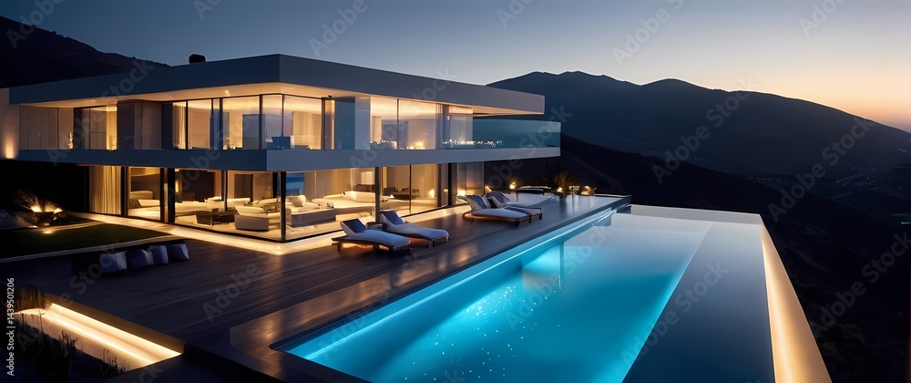 Fototapeta premium Palatial modern villas with large glass walls and shimmering infinity pools overlooking valleys. Extremely detailed high resolution illustration.