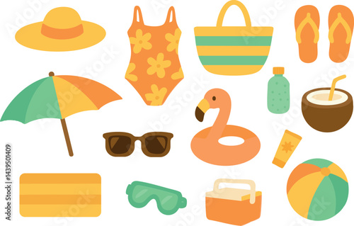 Colorful beach illustration set with summer accessories like hat swimsuit umbrella perfect for vacation promotions travel blogs and summer themed designs