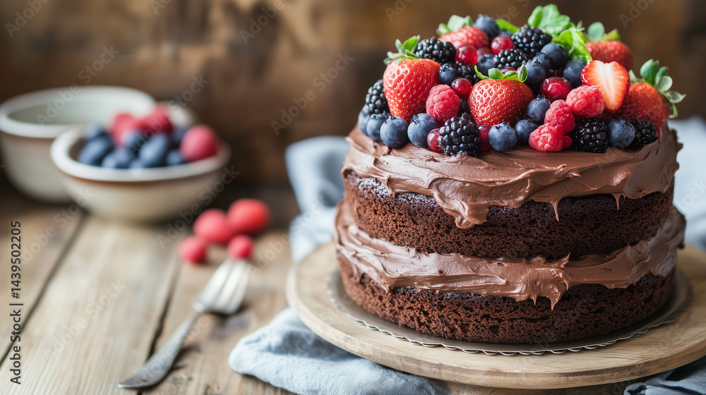 A delicious chocolate cake with rich frosting and fresh berries..