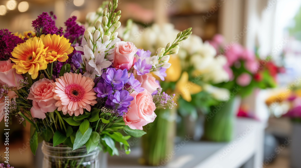 A colorful bouquet of fresh flowers in a florist shop with a blurred background.
