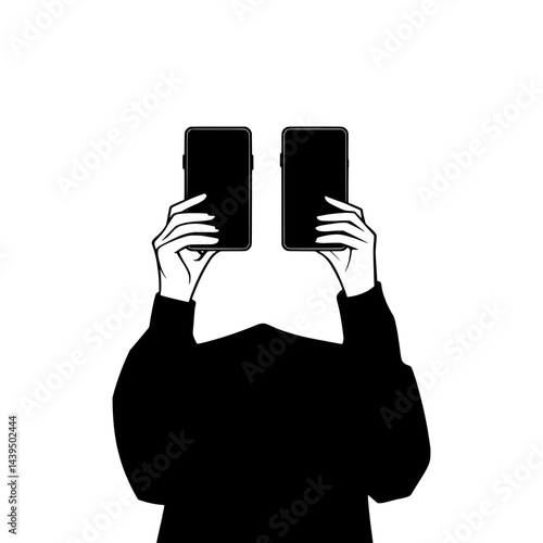 Black and White Silhouette or Line Art Illustration of Man or Woman Handing Mobile Phone - Communication Concept