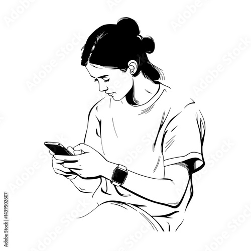 Black and White Silhouette or Line Art Illustration of Man or Woman Handing Mobile Phone - Communication Concept