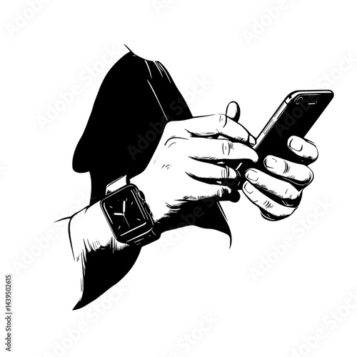 Black and White Silhouette or Line Art Illustration of Man or Woman Handing Mobile Phone - Communication Concept