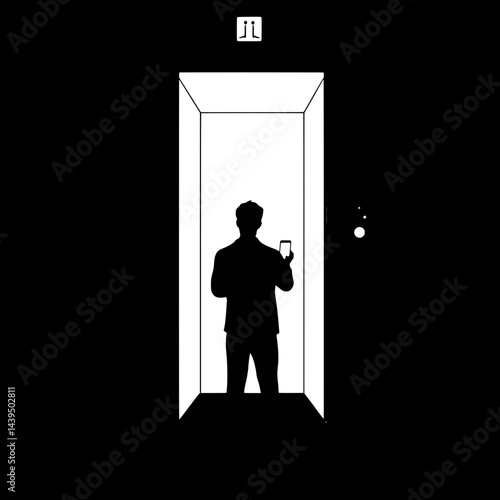 Black and White Silhouette or Line Art Illustration of Man or Woman Handing Mobile Phone - Communication Concept