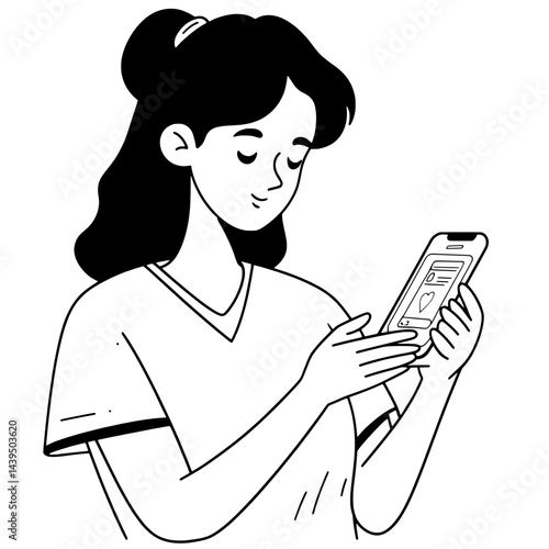 Black and White Silhouette or Line Art Illustration of Man or Woman Handing Mobile Phone - Communication Concept