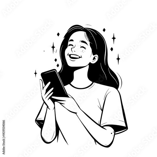 Black and White Silhouette or Line Art Illustration of Man or Woman Handing Mobile Phone - Communication Concept