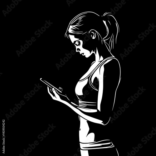 Black and White Silhouette or Line Art Illustration of Man or Woman Handing Mobile Phone - Communication Concept
