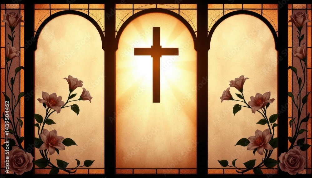 Naklejka premium Funeral flyer design featuring delicate stained glass art with floral patterns and soft lighting
