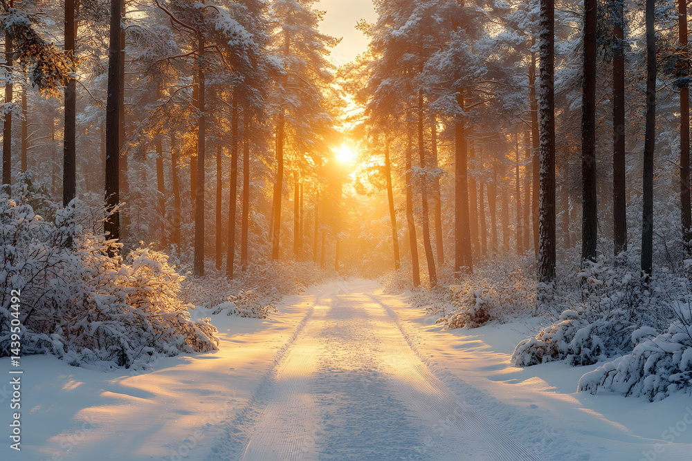 Tranquil Winter Sunrise in Snow-Covered Forest Path for Nature Print and Wall Art Tranquil Winter Sunrise in Snow-Covered Forest Path for Nature Print and Wall Art