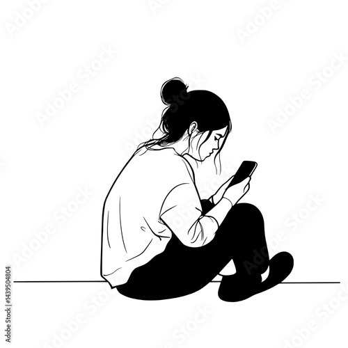 Black and White Silhouette or Line Art Illustration of Man or Woman Handing Mobile Phone - Communication Concept