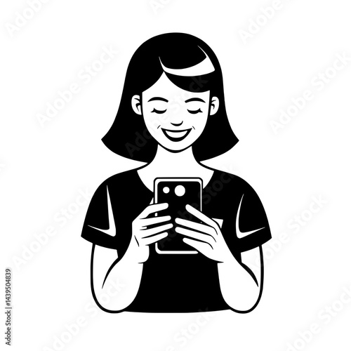 Black and White Silhouette or Line Art Illustration of Man or Woman Handing Mobile Phone - Communication Concept