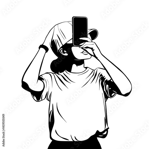 Black and White Silhouette or Line Art Illustration of Man or Woman Handing Mobile Phone - Communication Concept