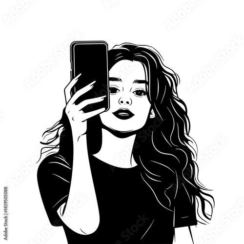 Black and White Silhouette or Line Art Illustration of Man or Woman Handing Mobile Phone - Communication Concept