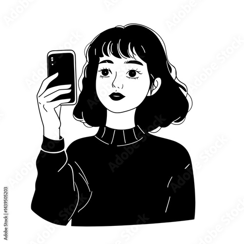 Black and White Silhouette or Line Art Illustration of Man or Woman Handing Mobile Phone - Communication Concept