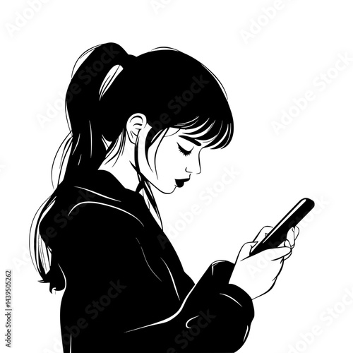 Black and White Silhouette or Line Art Illustration of Man or Woman Handing Mobile Phone - Communication Concept