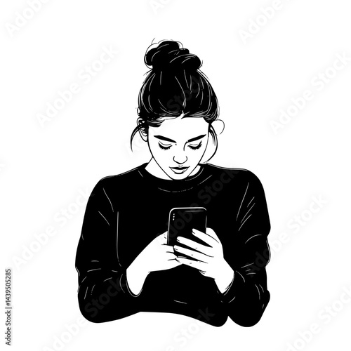 Black and White Silhouette or Line Art Illustration of Man or Woman Handing Mobile Phone - Communication Concept