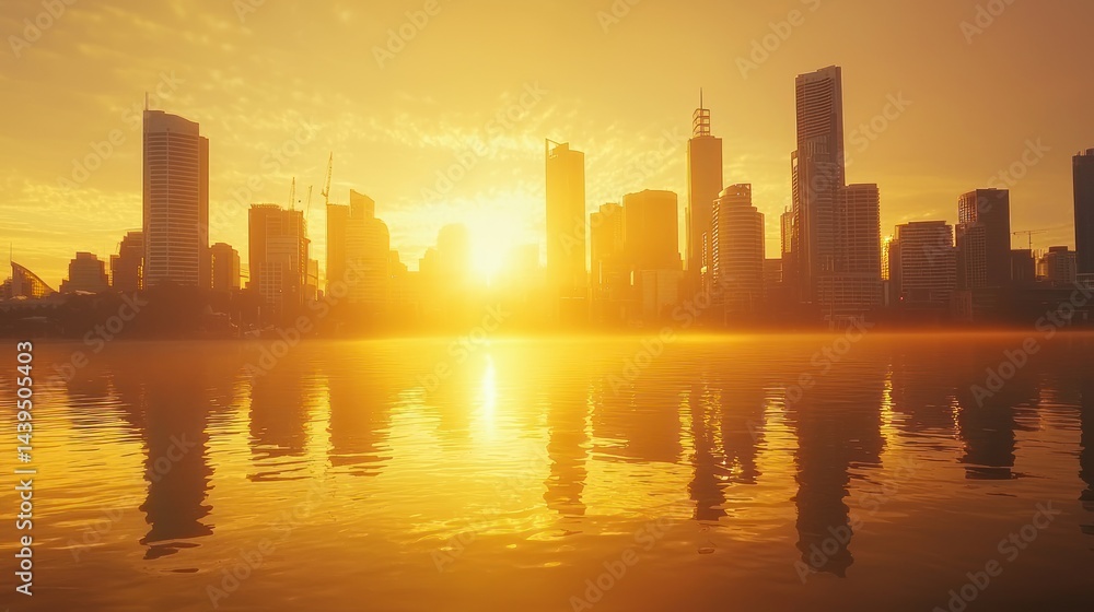 Obraz premium A glowing city skyline reflecting golden light on the water