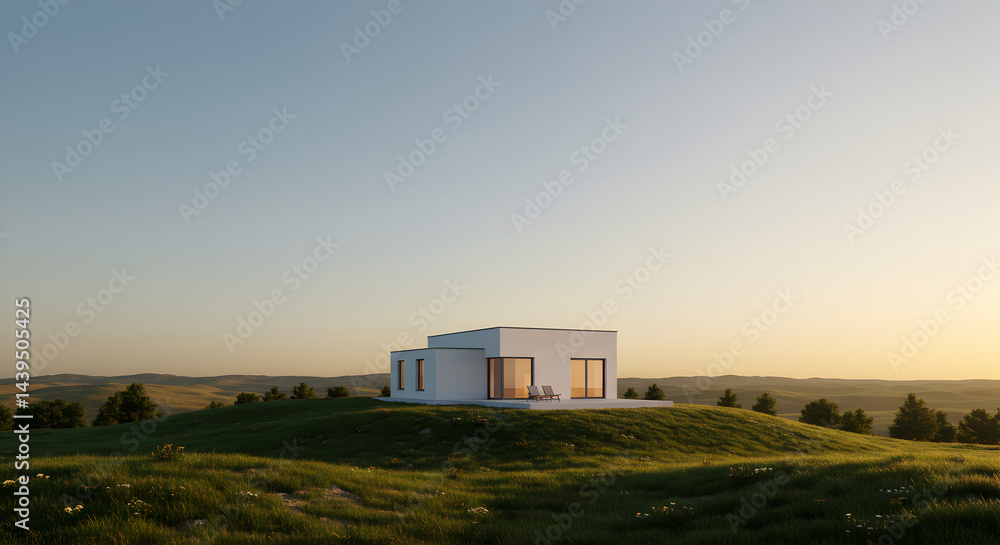 Minimalist Dream: Modern Home Atop Rolling Hills Bathed In Golden Sunset Minimalist Dream: Modern Home Atop Rolling Hills Bathed In Golden Sunset
