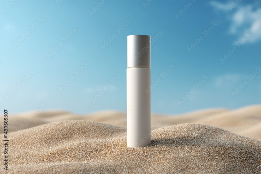Minimalist design of product resting on sandy surface under brig Minimalist design of product resting on sandy surface under brig