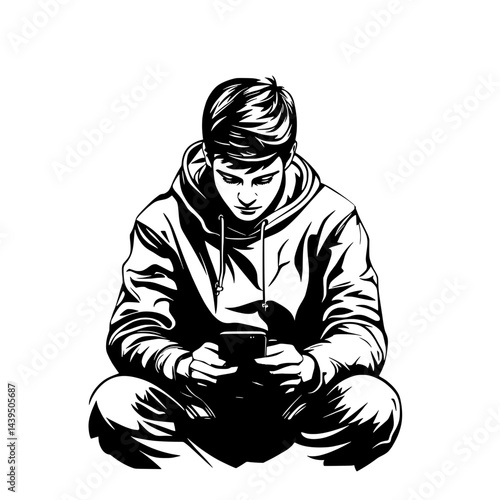Black and White Silhouette or Line Art Illustration of Man or Woman Handing Mobile Phone - Communication Concept