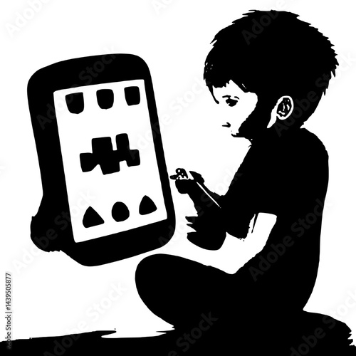 Black and White Silhouette or Line Art Illustration of Man or Woman Handing Mobile Phone - Communication Concept