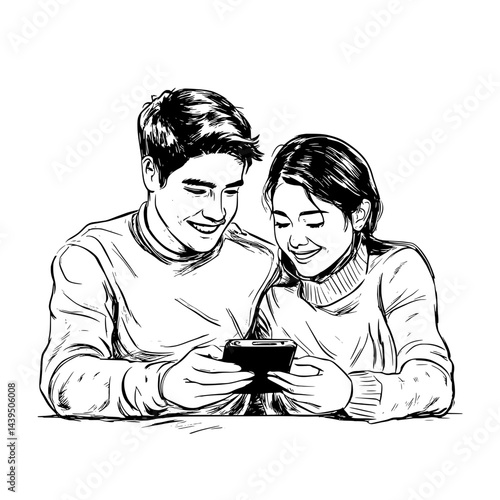 Black and White Silhouette or Line Art Illustration of Man or Woman Handing Mobile Phone - Communication Concept