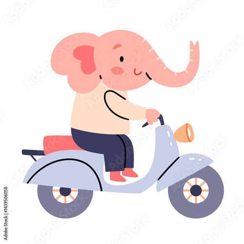 Elephant on a moped in a minimal, realistic flat style. Children's character.
