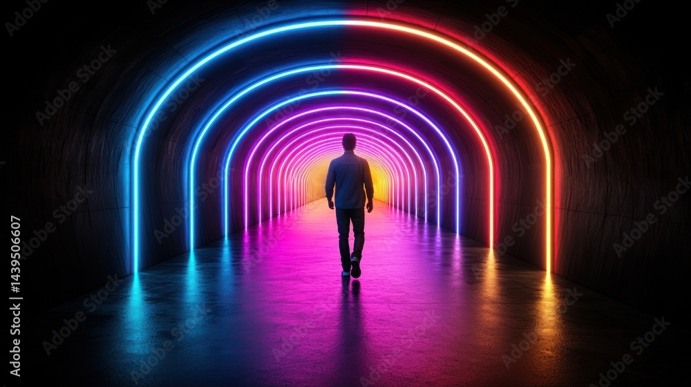 Fototapeta premium Man walks through neon tunnel of light