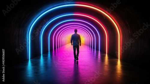 Fototapeta Naklejka Na Ścianę i Meble -  Man walks through neon tunnel of light