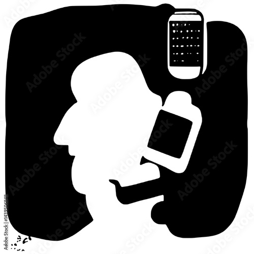 Black and White Silhouette or Line Art Illustration of Man or Woman Handing Mobile Phone - Communication Concept