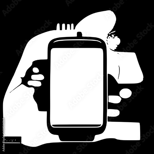 Black and White Silhouette or Line Art Illustration of Man or Woman Handing Mobile Phone - Communication Concept