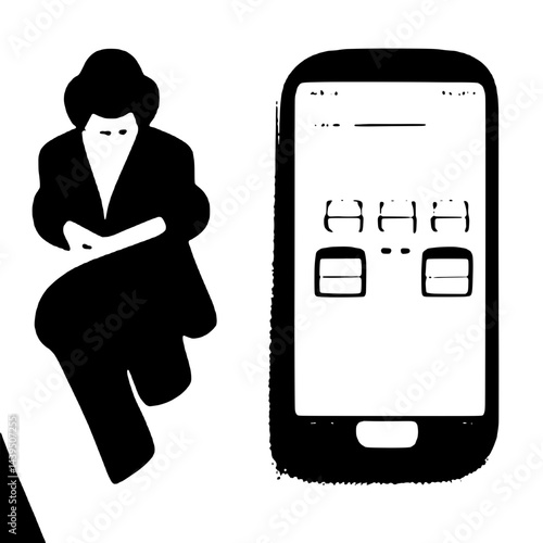 Black and White Silhouette or Line Art Illustration of Man or Woman Handing Mobile Phone - Communication Concept