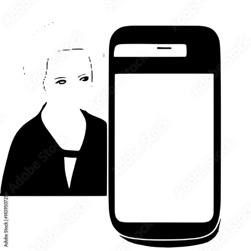 Black and White Silhouette or Line Art Illustration of Man or Woman Handing Mobile Phone - Communication Concept