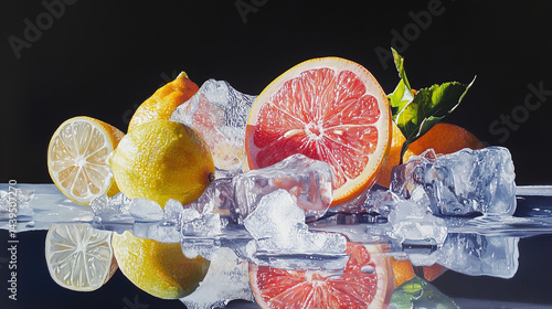 This refreshing image showcases a vibrant assortment of sliced fruits, including grapefruit, lime, lemon, and berries, all set against a backdrop of shimmering ice cubes. The colorful array of fruits 