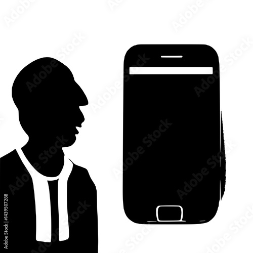Black and White Silhouette or Line Art Illustration of Man or Woman Handing Mobile Phone - Communication Concept